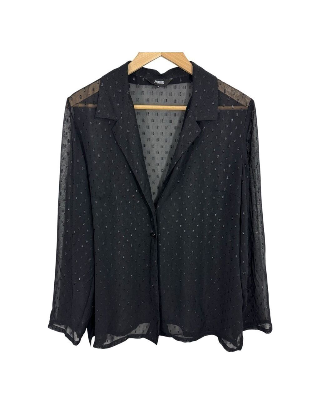 Lindor Sheer Shimmer Top Sz 14 Black Button Front Cocktail Blouse Shirt Sexy EUC